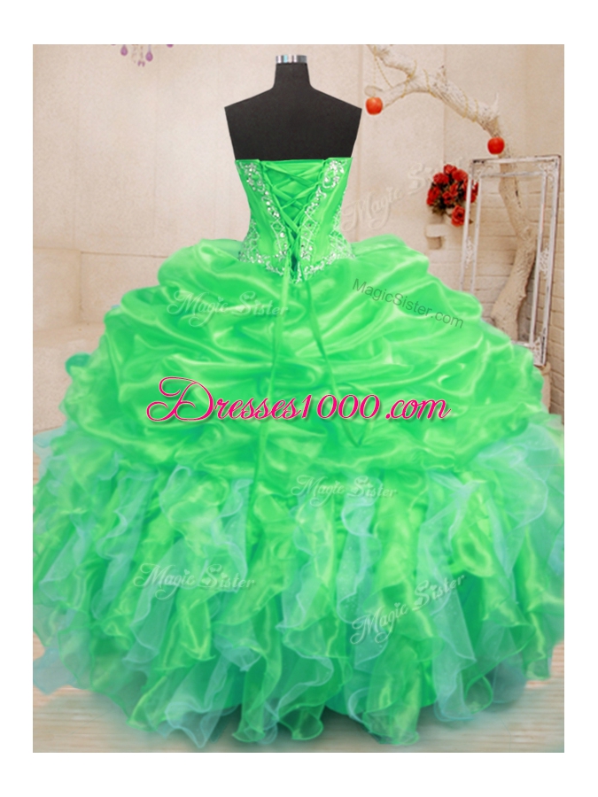 Green Quinceanera Gowns Military Ball and Sweet 16 and Quinceanera and For with Beading and Ruffles Sweetheart Sleeveless Lace Up