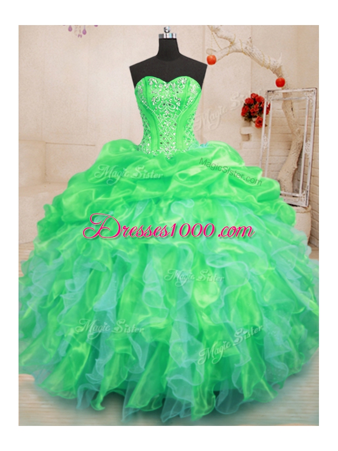 Green Quinceanera Gowns Military Ball and Sweet 16 and Quinceanera and For with Beading and Ruffles Sweetheart Sleeveless Lace Up