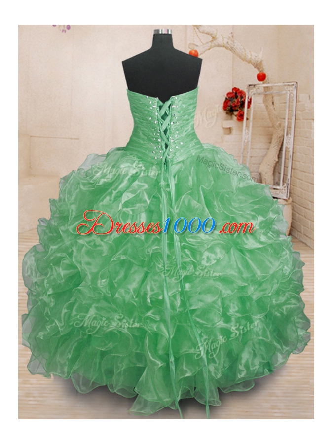 Ideal Sleeveless Floor Length Beading and Ruffles Lace Up Quince Ball Gowns with Green