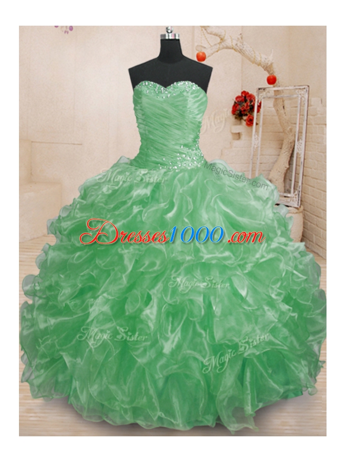 Ideal Sleeveless Floor Length Beading and Ruffles Lace Up Quince Ball Gowns with Green