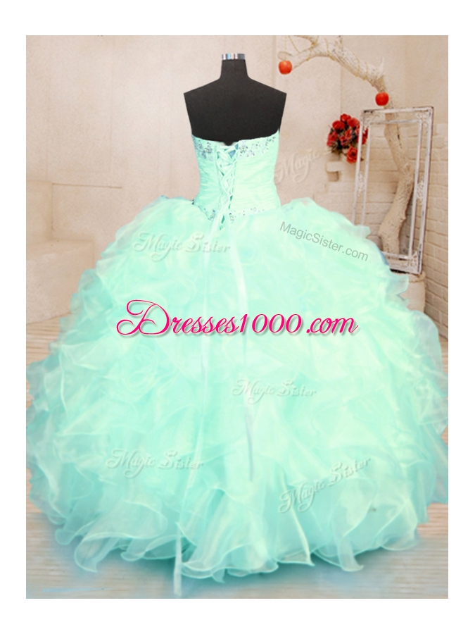 On Sale Apple Green Ball Gowns Beading and Ruffles Sweet 16 Dresses Lace Up Organza Sleeveless Floor Length