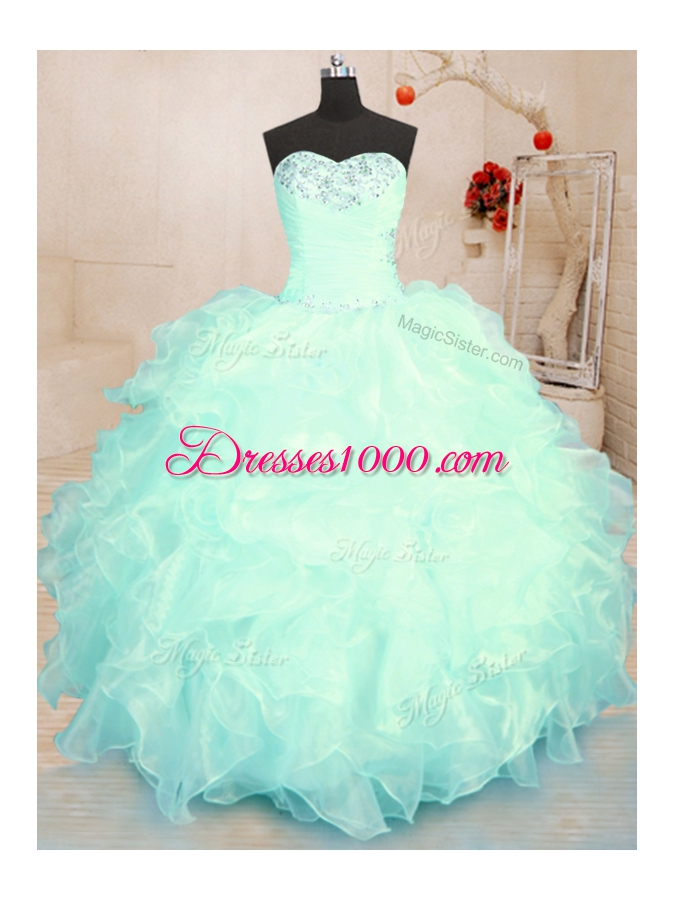 On Sale Apple Green Ball Gowns Beading and Ruffles Sweet 16 Dresses Lace Up Organza Sleeveless Floor Length