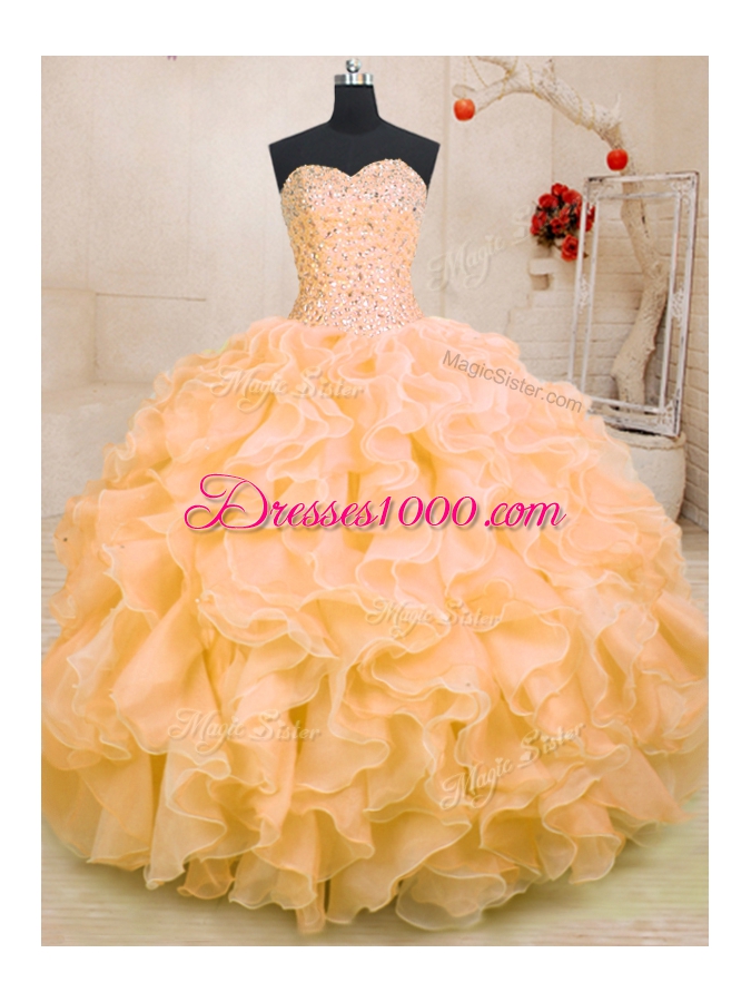 Orange Lace Up Sweetheart Beading and Ruffles Quinceanera Dresses Organza Sleeveless
