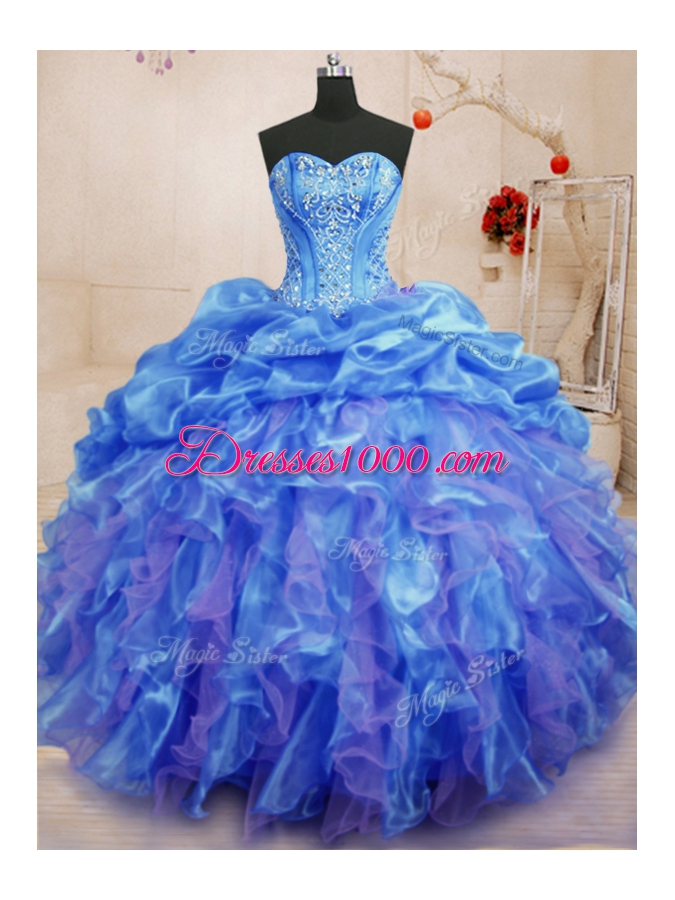 Organza Sleeveless Floor Length 15th Birthday Dress and Beading and Ruffles