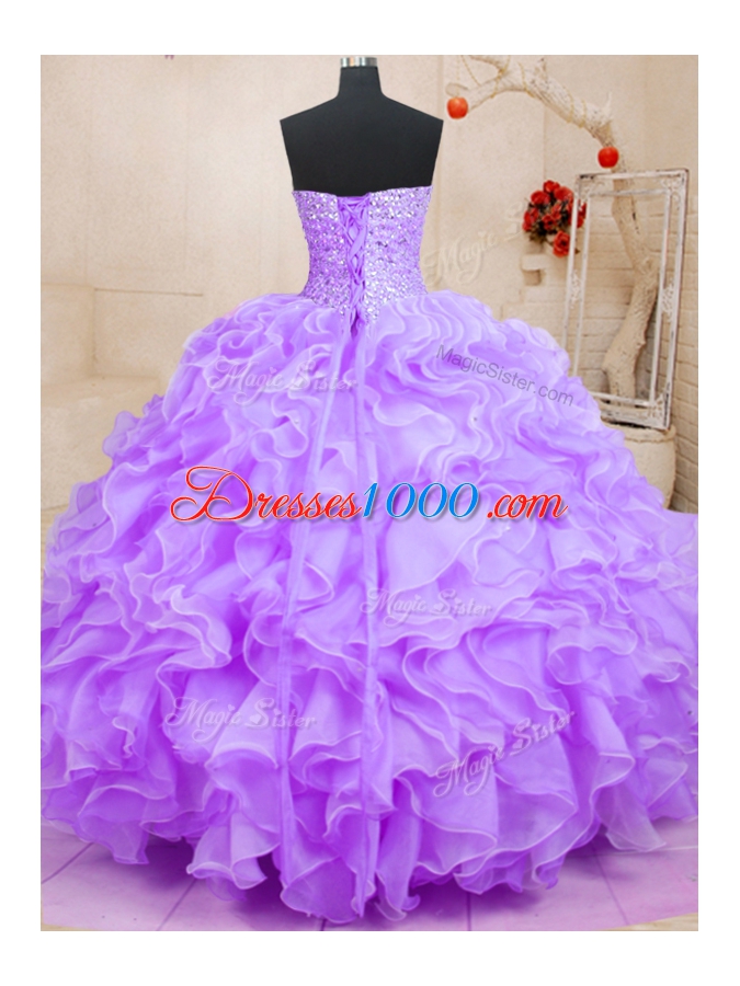 Organza Sweetheart Sleeveless Lace Up Beading and Ruffles Quinceanera Dress in Lavender