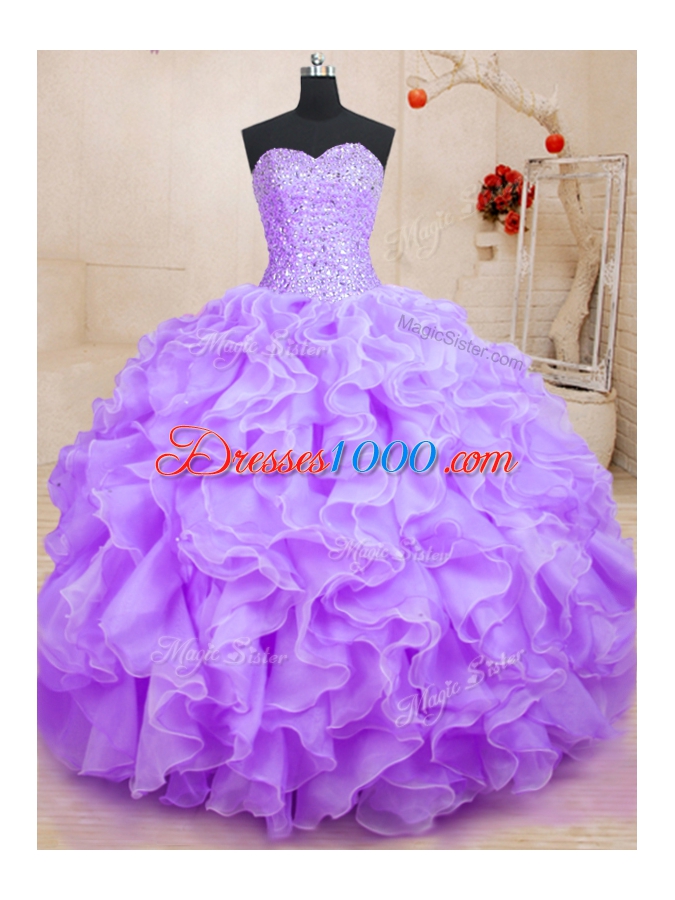 Organza Sweetheart Sleeveless Lace Up Beading and Ruffles Quinceanera Dress in Lavender