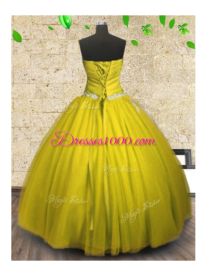 Appliques and Ruching Quince Ball Gowns Yellow Lace Up Sleeveless Floor Length