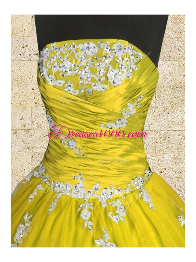 Appliques and Ruching Quince Ball Gowns Yellow Lace Up Sleeveless Floor Length
