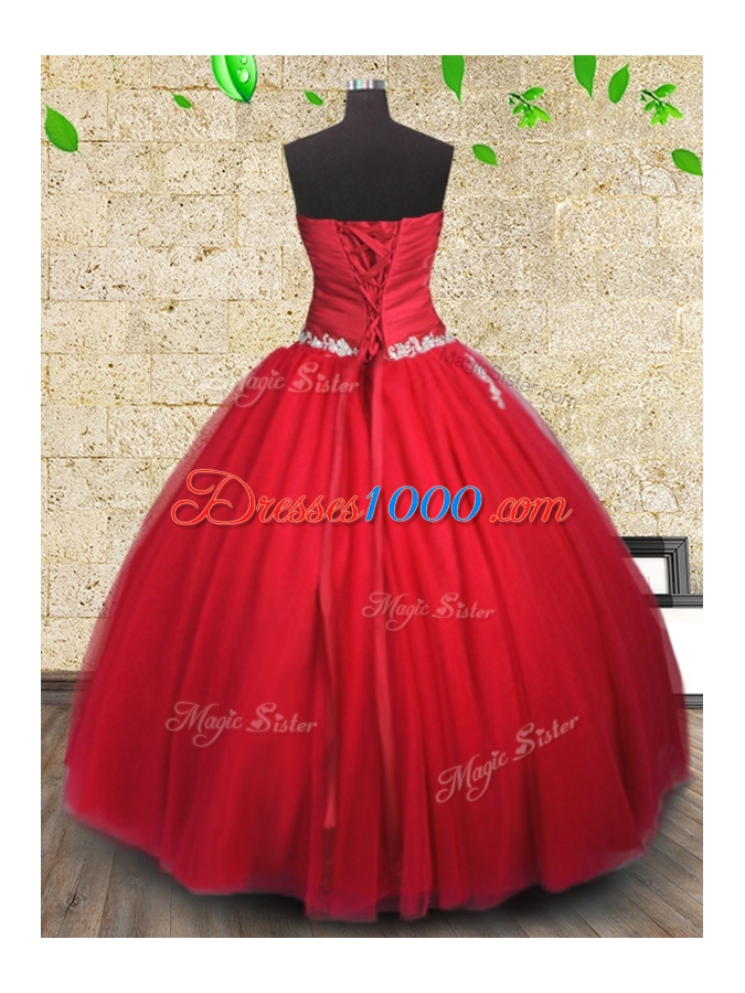 Beauteous Red Sleeveless Floor Length Appliques and Ruching Lace Up Quinceanera Dresses