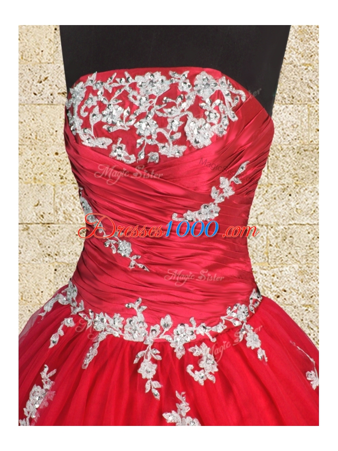 Beauteous Red Sleeveless Floor Length Appliques and Ruching Lace Up Quinceanera Dresses