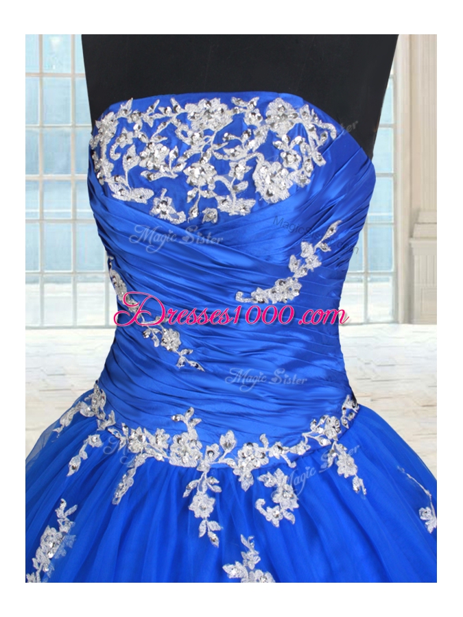 Blue Quince Ball Gowns Military Ball and Sweet 16 and Quinceanera and For with Beading and Appliques Strapless Sleeveless Lace Up