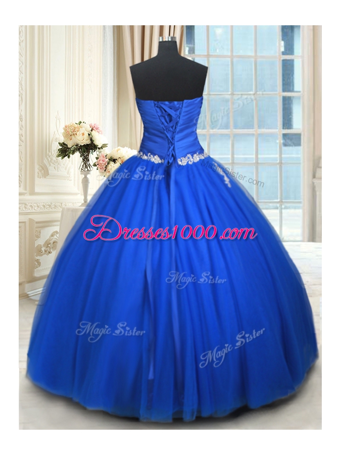 Blue Quince Ball Gowns Military Ball and Sweet 16 and Quinceanera and For with Beading and Appliques Strapless Sleeveless Lace Up