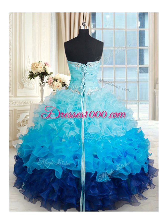 Custom Design Sweetheart Sleeveless 15 Quinceanera Dress Floor Length Beading and Ruffles Multi-color Organza