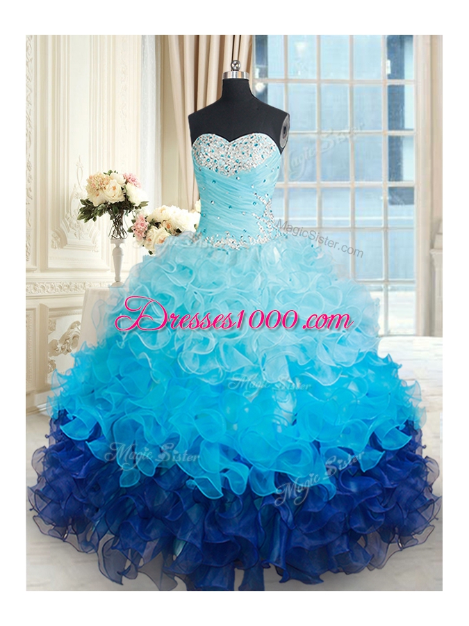 Custom Design Sweetheart Sleeveless 15 Quinceanera Dress Floor Length Beading and Ruffles Multi-color Organza