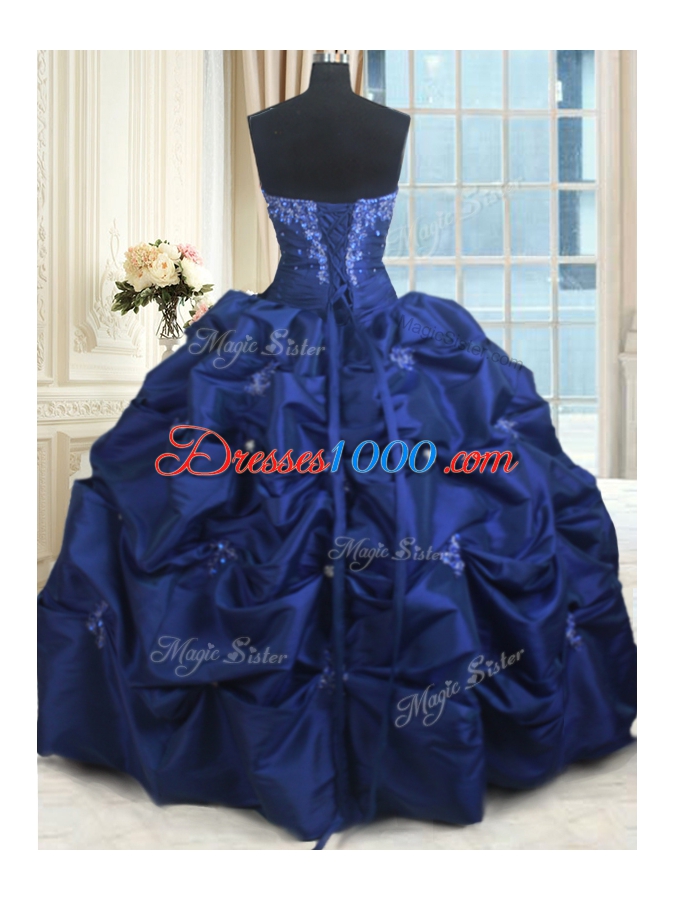 Custom Made Navy Blue Sweetheart Neckline Appliques and Pick Ups Sweet 16 Quinceanera Dress Sleeveless Lace Up
