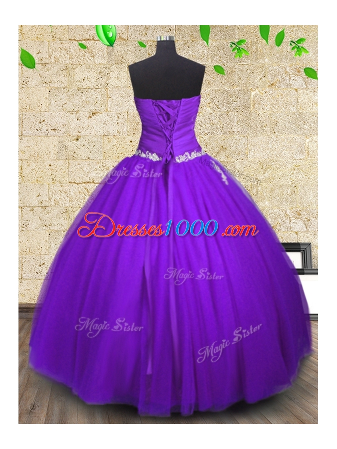 Customized Strapless Sleeveless Tulle 15 Quinceanera Dress Appliques and Ruching Lace Up