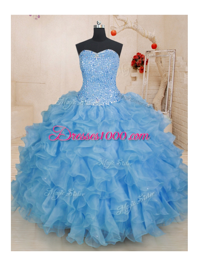 Customized Sweetheart Sleeveless Lace Up 15th Birthday Dress Blue Organza