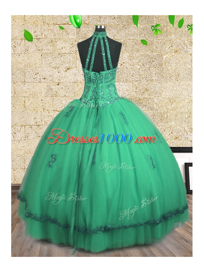 Discount Halter Top Sleeveless Tulle Floor Length Lace Up Vestidos de Quinceanera in Turquoise for with Beading
