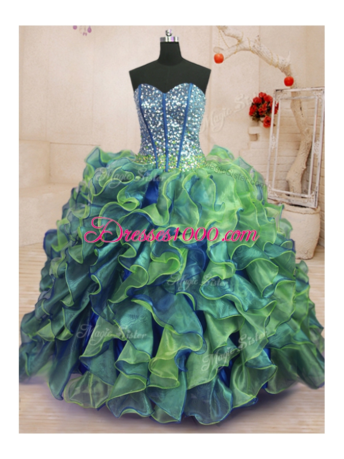 Enchanting Multi-color Vestidos de Quinceanera Military Ball and Sweet 16 and Quinceanera and For with Beading and Ruffles Sweetheart Sleeveless Lace Up