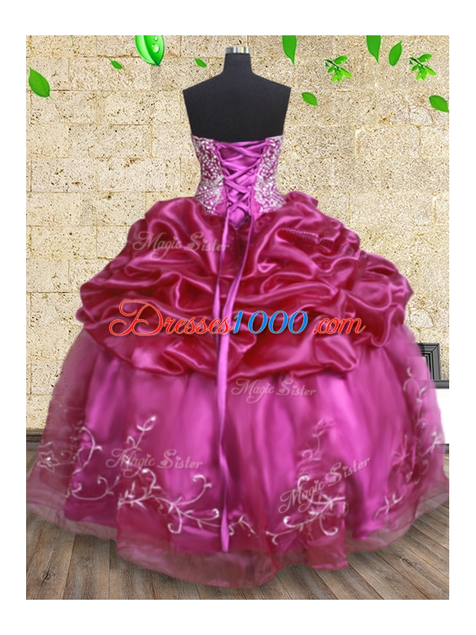 Exceptional Fuchsia Ball Gowns Strapless Sleeveless Organza Floor Length Lace Up Beading and Embroidery and Pick Ups Ball Gown Prom Dress