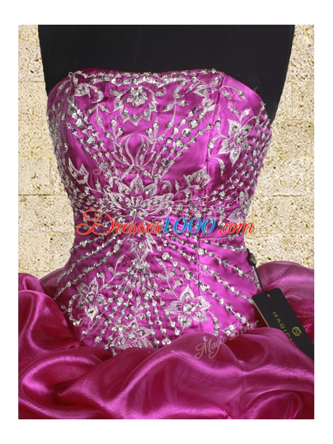 Exceptional Fuchsia Ball Gowns Strapless Sleeveless Organza Floor Length Lace Up Beading and Embroidery and Pick Ups Ball Gown Prom Dress