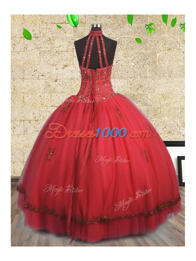 Fabulous Halter Top Red Lace Up Sweet 16 Quinceanera Dress Beading Sleeveless Floor Length