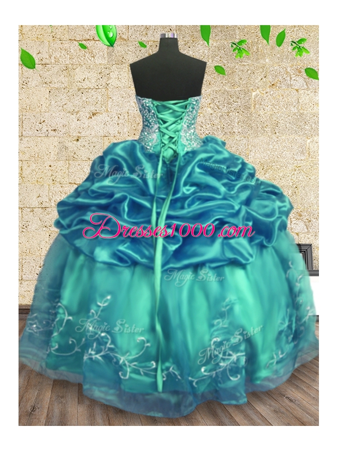 Fashion Turquoise Organza and Taffeta Lace Up Strapless Sleeveless Floor Length Vestidos de Quinceanera Beading and Ruffles