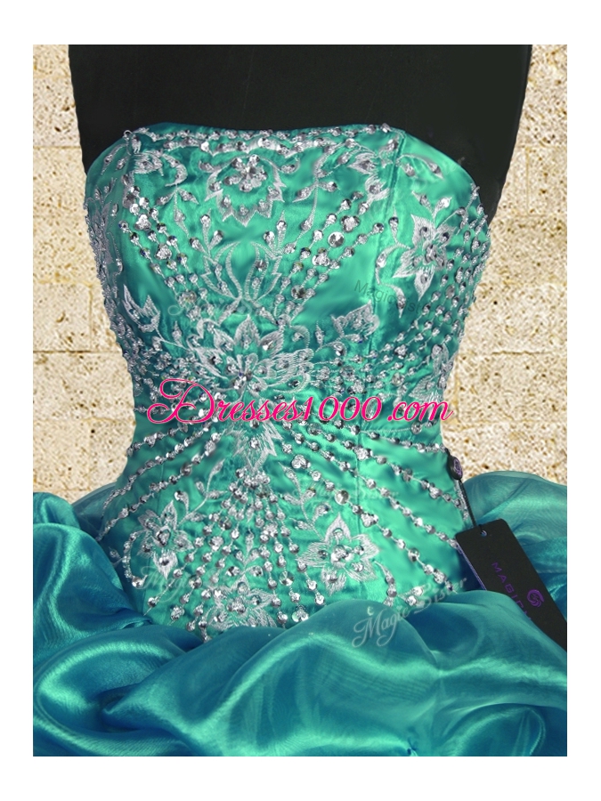Fashion Turquoise Organza and Taffeta Lace Up Strapless Sleeveless Floor Length Vestidos de Quinceanera Beading and Ruffles