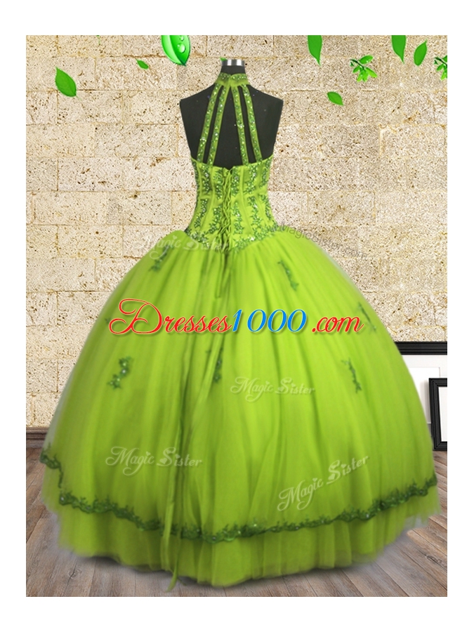 Halter Top Yellow Green Sleeveless Floor Length Beading Lace Up Quinceanera Gowns