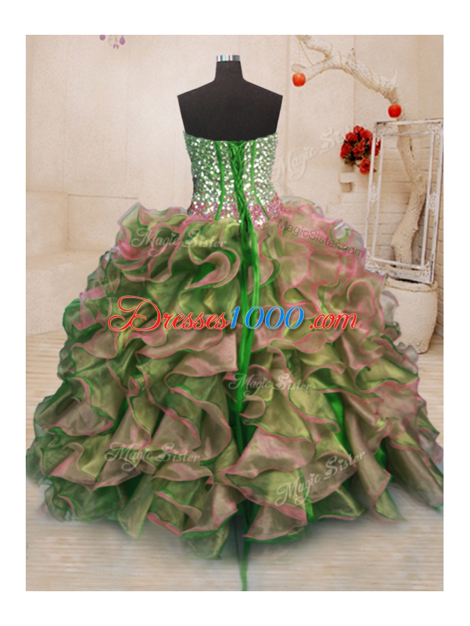 High End Multi-color Ball Gowns Beading and Ruffles 15th Birthday Dress Lace Up Organza Sleeveless Floor Length