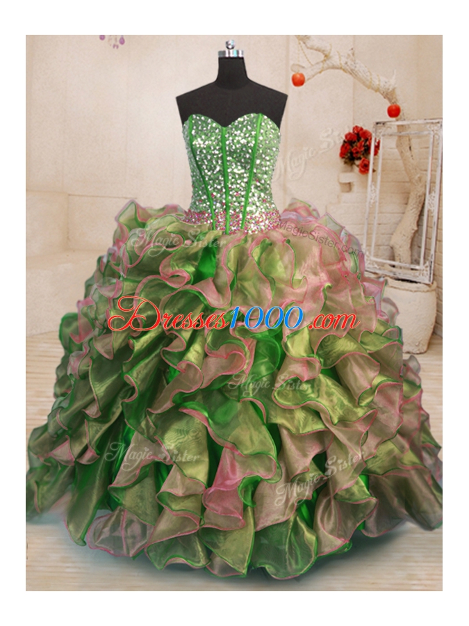 High End Multi-color Ball Gowns Beading and Ruffles 15th Birthday Dress Lace Up Organza Sleeveless Floor Length