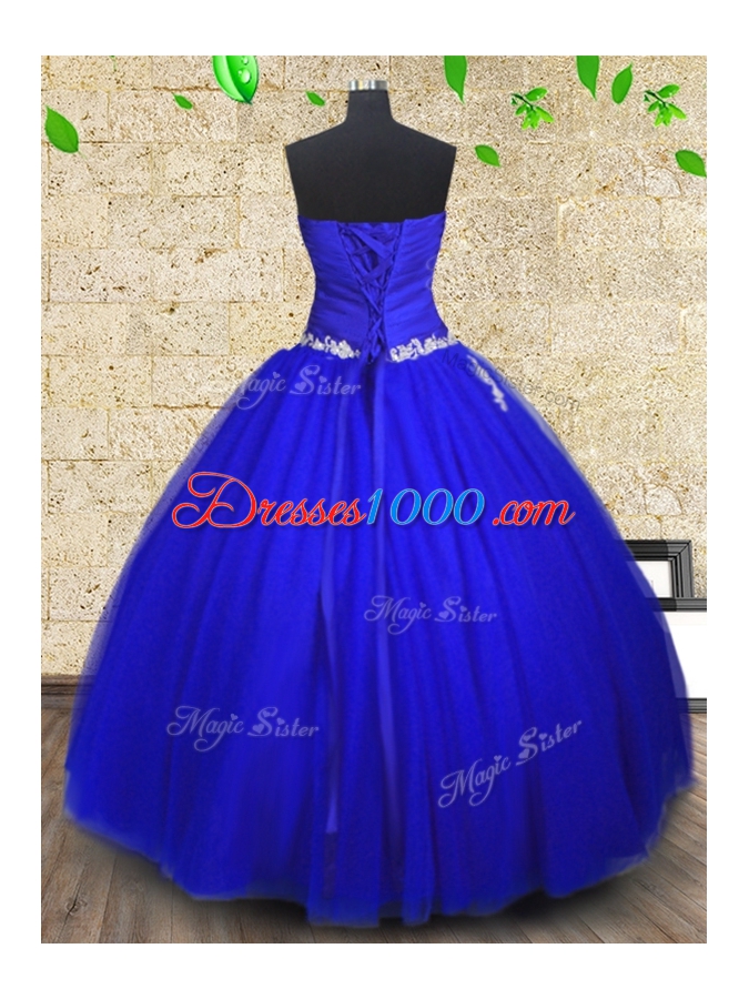 Lovely Floor Length Royal Blue Sweet 16 Quinceanera Dress Tulle Sleeveless Appliques and Ruching