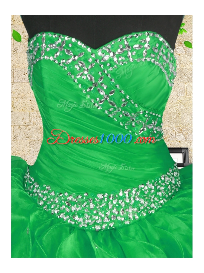 Organza Sweetheart Sleeveless Lace Up Beading and Appliques and Ruffles and Ruching Quince Ball Gowns in Green