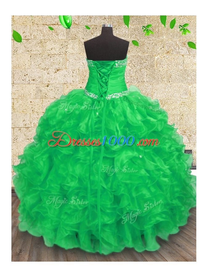 Organza Sweetheart Sleeveless Lace Up Beading and Appliques and Ruffles and Ruching Quince Ball Gowns in Green