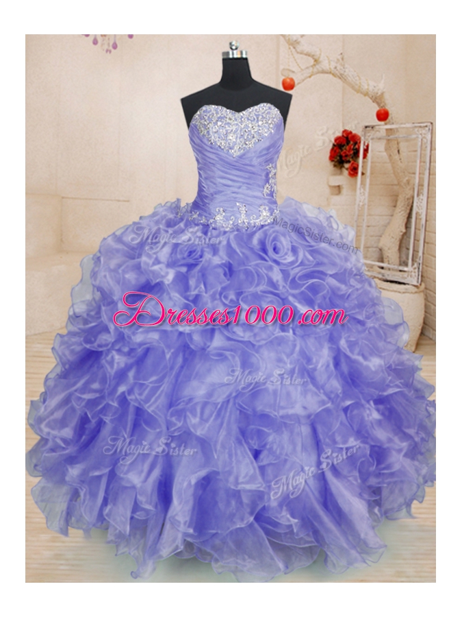 Pretty Long Sleeves Beading and Ruffles Lace Up Quince Ball Gowns