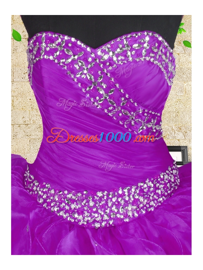 Simple Halter Top Purple Sleeveless Beading and Ruffles and Ruching Floor Length 15th Birthday Dress