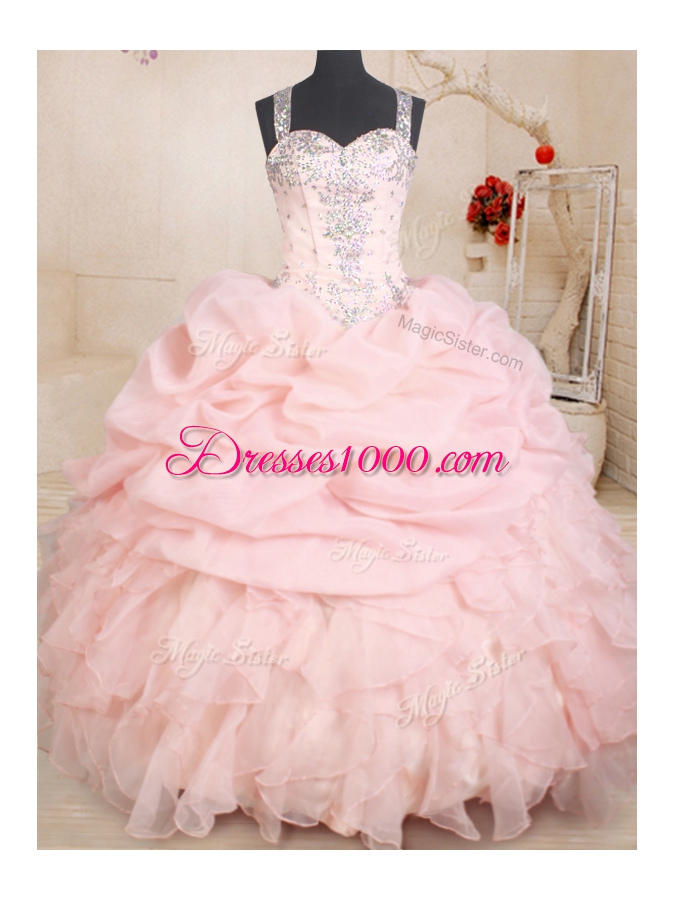 Straps Sleeveless Organza Quinceanera Gowns Beading and Ruffles and Pick Ups Zipper