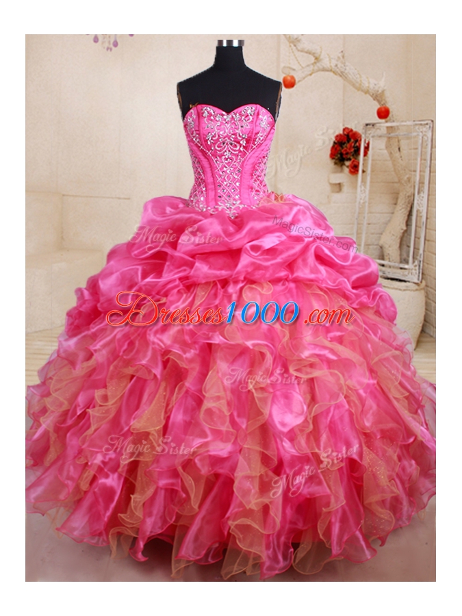 Sweet Hot Pink Ball Gowns Sweetheart Sleeveless Organza Floor Length Lace Up Beading and Ruffles and Pick Ups Quince Ball Gowns