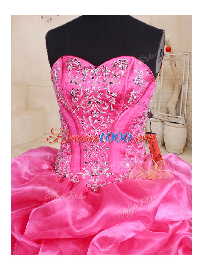 Sweet Hot Pink Ball Gowns Sweetheart Sleeveless Organza Floor Length Lace Up Beading and Ruffles and Pick Ups Quince Ball Gowns