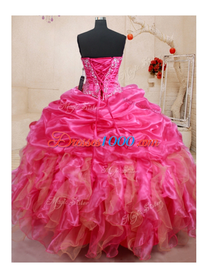 Sweet Hot Pink Ball Gowns Sweetheart Sleeveless Organza Floor Length Lace Up Beading and Ruffles and Pick Ups Quince Ball Gowns