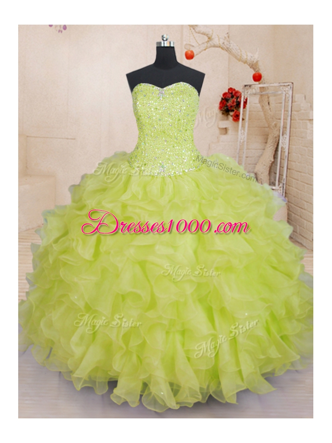Sweetheart Sleeveless Organza Vestidos de Quinceanera Beading and Ruffles Lace Up