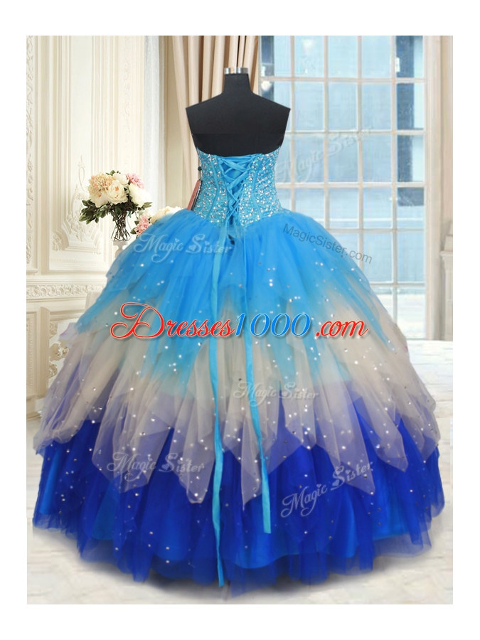 Vintage Multi-color Ball Gowns Beading and Ruffles Quinceanera Dresses Lace Up Tulle Sleeveless Floor Length