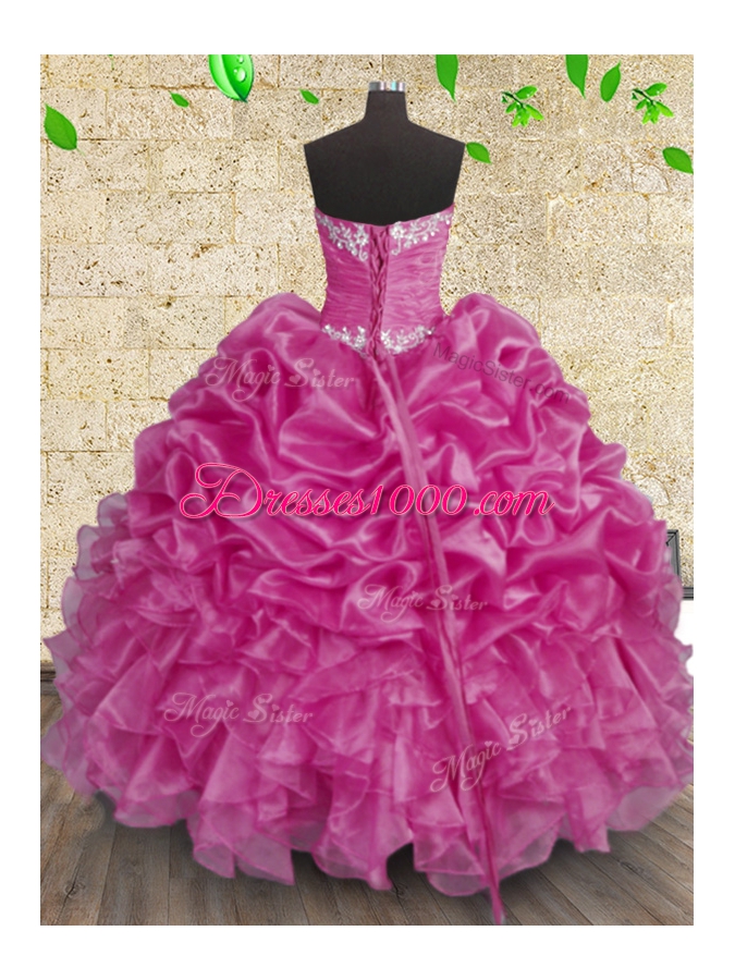 Beauteous Floor Length Fuchsia Quinceanera Gowns Organza Sleeveless Beading and Appliques and Ruffles and Ruching