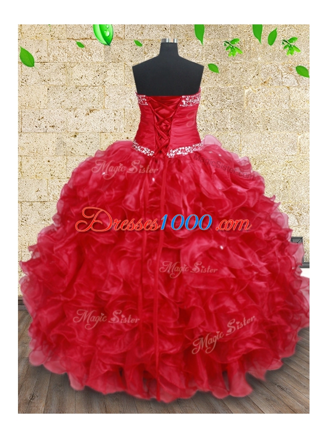 Beautiful Red Quince Ball Gowns Military Ball and Sweet 16 and Quinceanera and For with Beading and Ruffles Sweetheart Sleeveless Lace Up