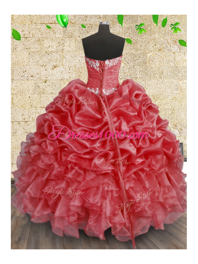 Coral Red Sleeveless Organza Lace Up Quinceanera Gowns for Military Ball and Sweet 16 and Quinceanera