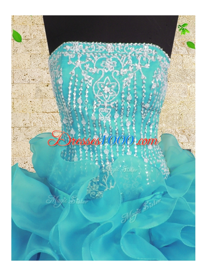 Glorious Aqua Blue 15 Quinceanera Dress Military Ball and Sweet 16 and Quinceanera and For with Beading and Ruffles Strapless Sleeveless Lace Up