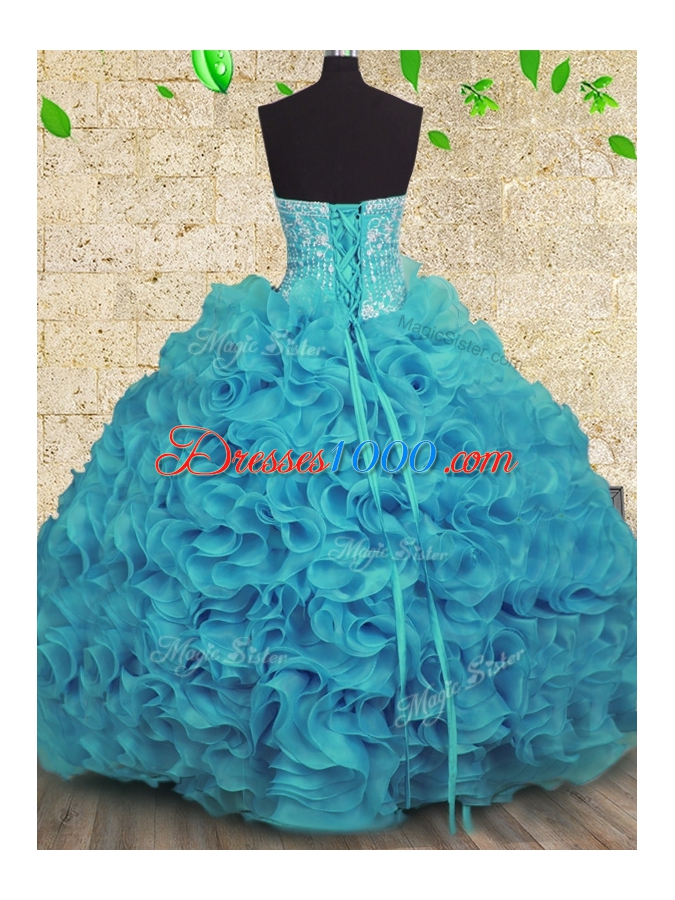 Glorious Aqua Blue 15 Quinceanera Dress Military Ball and Sweet 16 and Quinceanera and For with Beading and Ruffles Strapless Sleeveless Lace Up