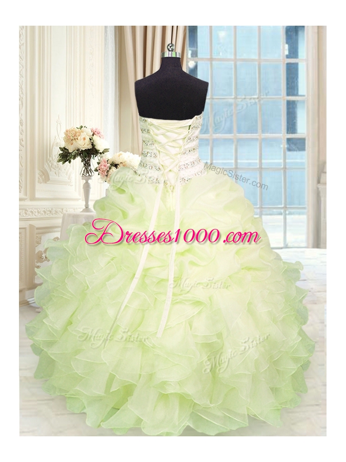 Light Yellow Sleeveless Floor Length Beading and Ruffles Lace Up Quinceanera Dresses