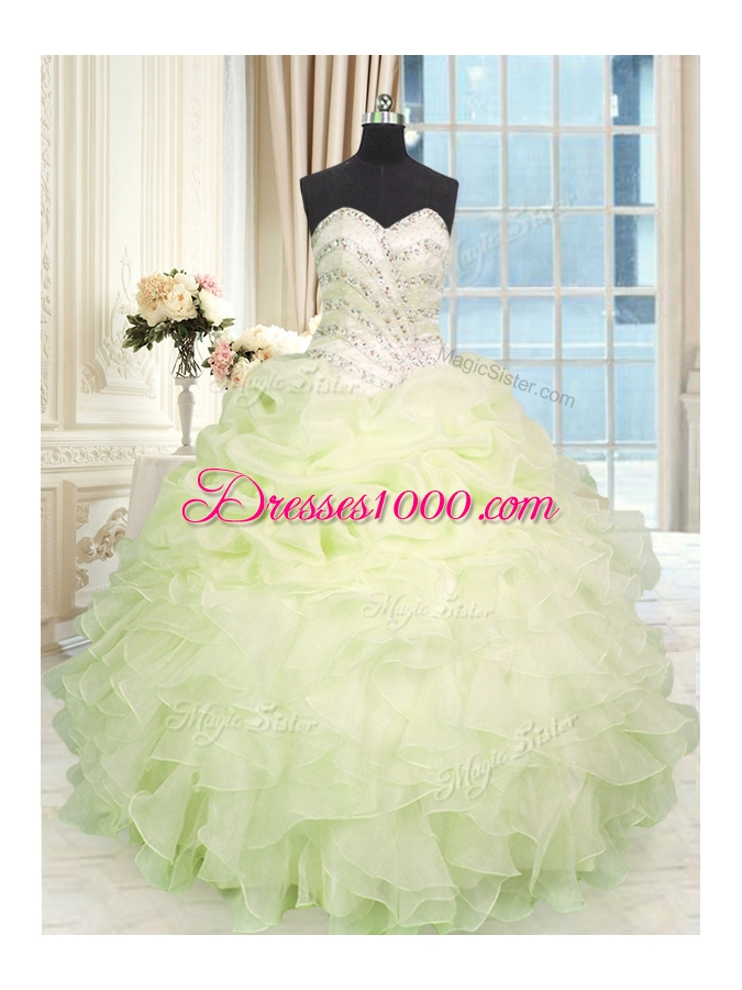 Light Yellow Sleeveless Floor Length Beading and Ruffles Lace Up Quinceanera Dresses