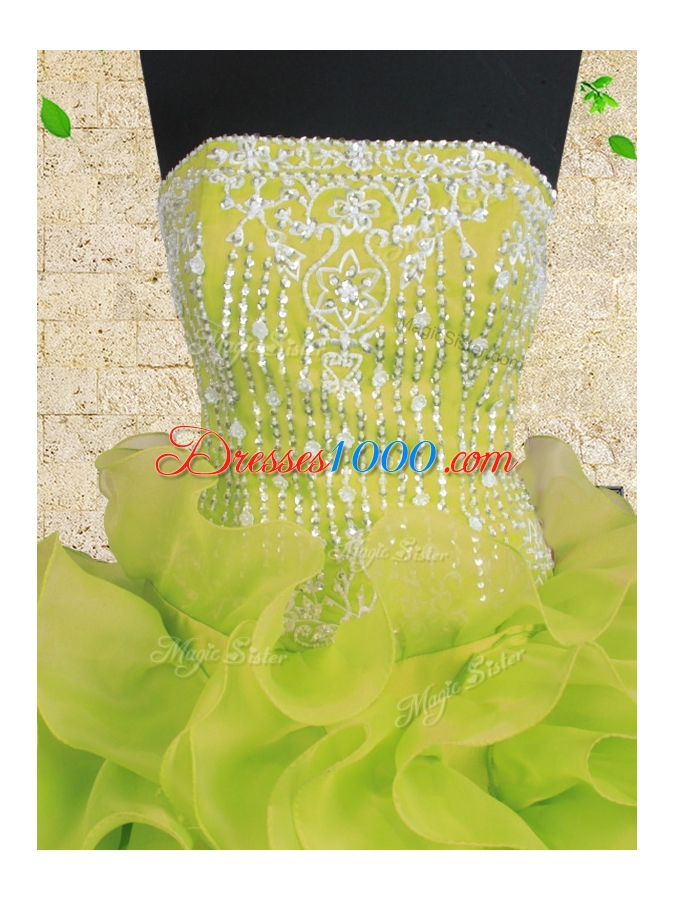 New Arrival Yellow Green Strapless Lace Up Beading and Ruffles 15 Quinceanera Dress Sleeveless